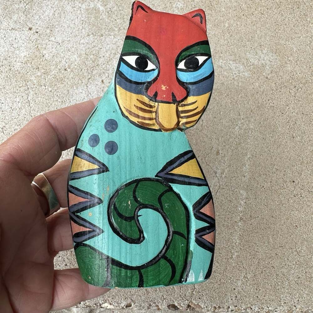 Laurel Burch Style Wood Cat Figurine Carved Hand Painted Turquoise Print Folkart